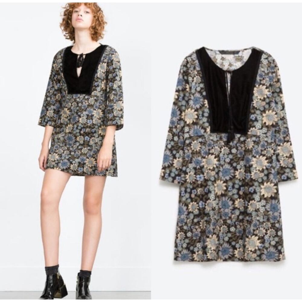 Zara Women’s Floral Mini Dress XS Y2K Retro Velvet 70s Inspired Boho Chic Style